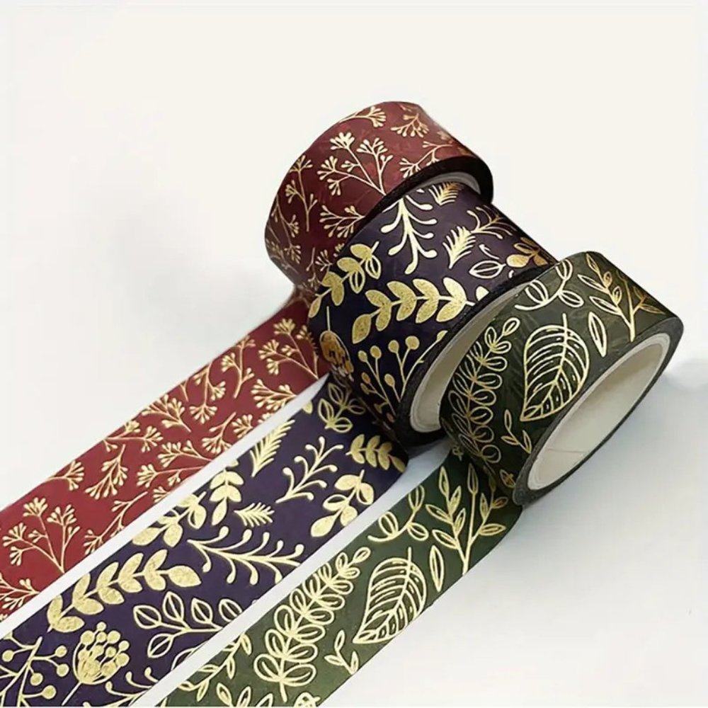 NEW Set of 3 Gold Foiled Washi Tape Leaves and Branches, Red/ Blue/ Green/ Gold